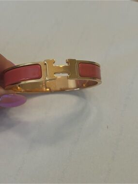 Rose Gold-Tone Hermes Clic Clac H Cuff Bracelet with Coral Pink Enamel